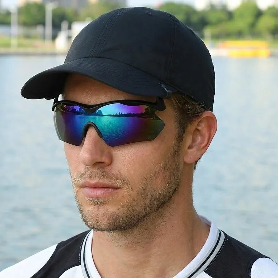 Men Women Blue Red Polarized Cycling Sunglasses Mirrored Len Clipped Edge On Hat Reduce Ear Pressure Protect Eyes Easy To Carry