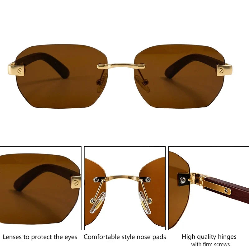 Small Square Rimless Sunglasses Men 2026 Luxury Designer Vintage Polygon Rectangle Shades Gold Metal Eyewear Retro Sun Glasses