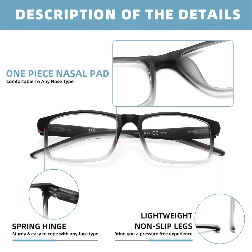 MODFANS Stylish Gradient Rectangle Men's Blue Blackout Reading Glasses, UV Protection, Comfort Spring Hinge Glasses