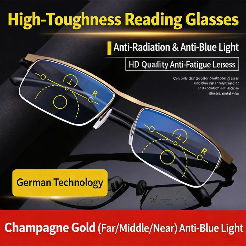 Anti Blue Light Progressive Multifocus Photochromic Reading Glasses, Dual Focus Near Far Vision Variable Focus Presbyopic Glasse