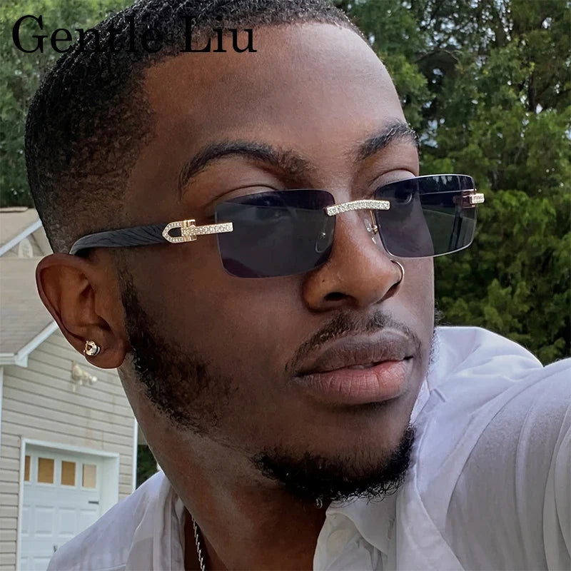 Y2K Rectangle Rimless Sunglasses Men Vintage Sun Glasses For Male 2026 Luxury Rhinestone Eyewear Punk Fashion Frameless Shades