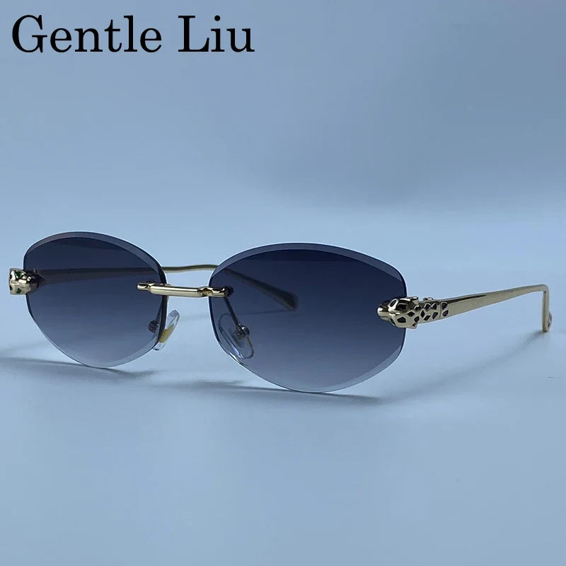 Rimless Leopard Head Sunglasses Men Luxury Designer Vintage Small Oval Sun Glasses Male Metal Frame Eyewear Retro Driving Shades