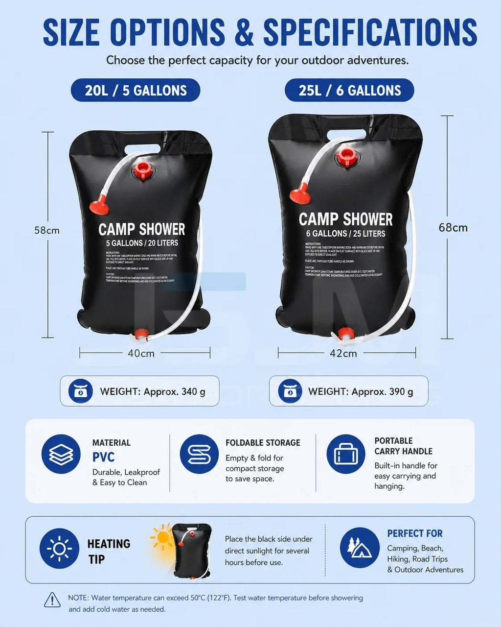 20L/25L Solar Camping Shower Bag Portable Outdoor Shower Bag with Shower Head Foldable Water Storage Bag for Hiking Travel Campi