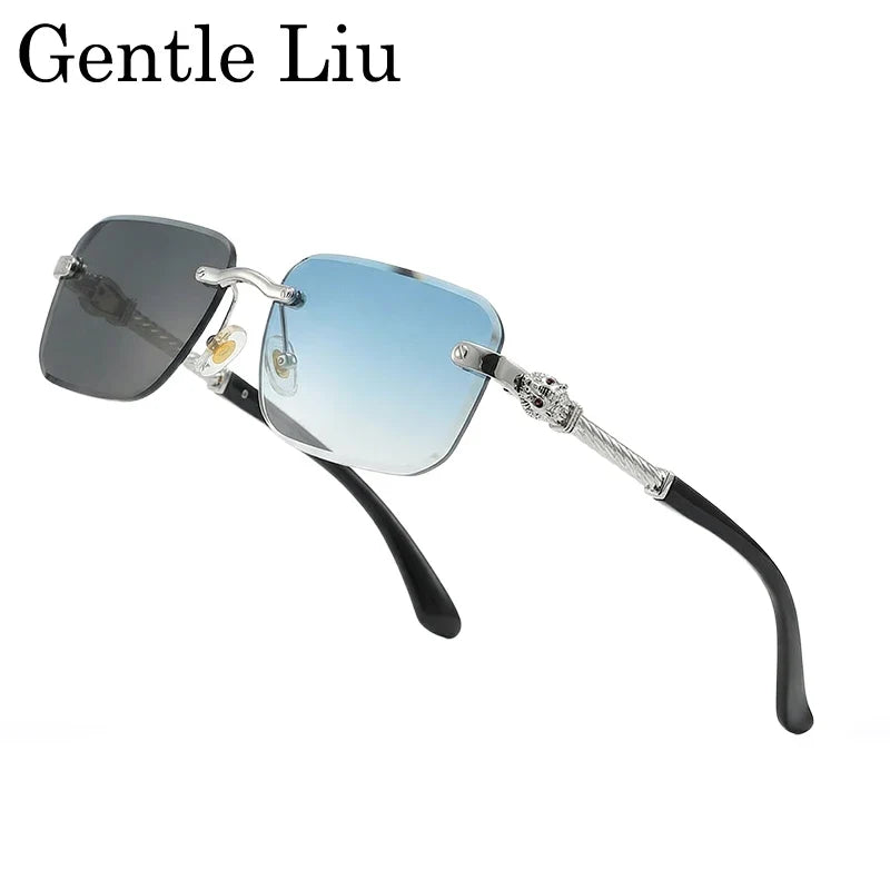 Vintage Rimless Photochromic Sunglasses Men 2026 Luxury Designer Square Frameless Leopard Head Sun Glasses Driving Eyewear Shade