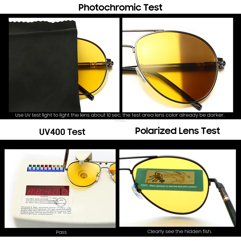 VIVIBEE Color Change Sunglasses Men Pilot Driving Photochromic Yellow Polarized Women Sun Glasses Aviation Day and Night Vision