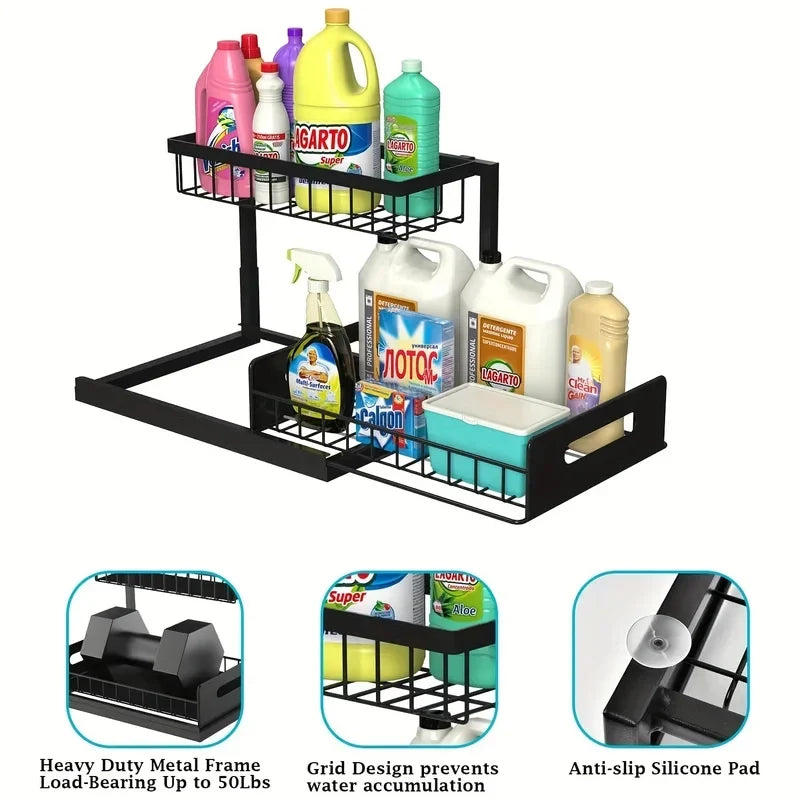Expandable Double Layer Pull Out Under Sink Organizer Basket Kitchen Cabinet Storage Space Organization Tool