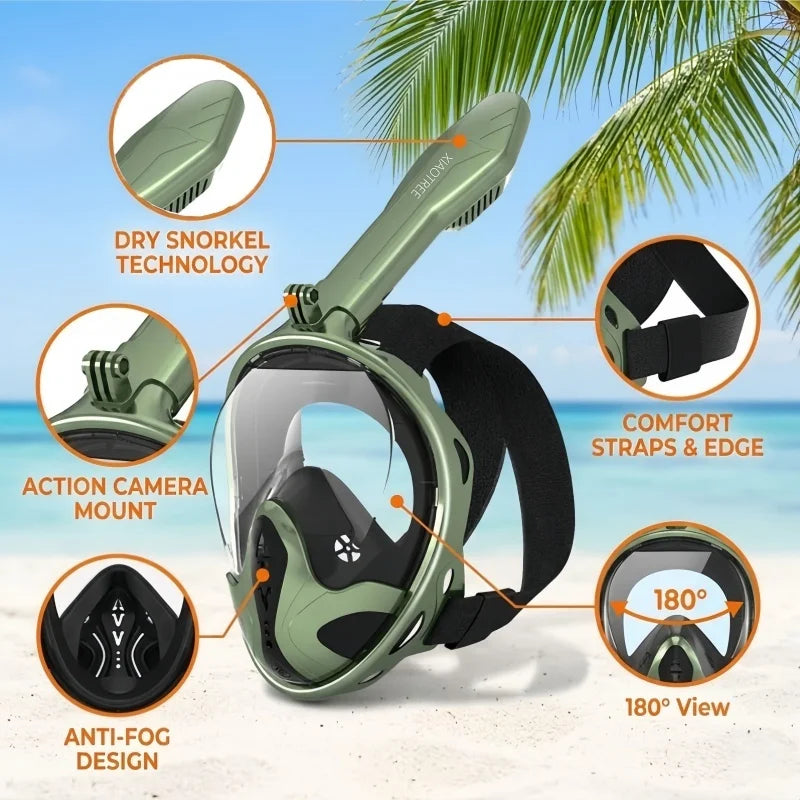 XIAOTREE Full Face Snorkel Mask with Detachable Camera Mount,Snorkeling Swimming Diving Mask Wide View Anti-Fog Anti
