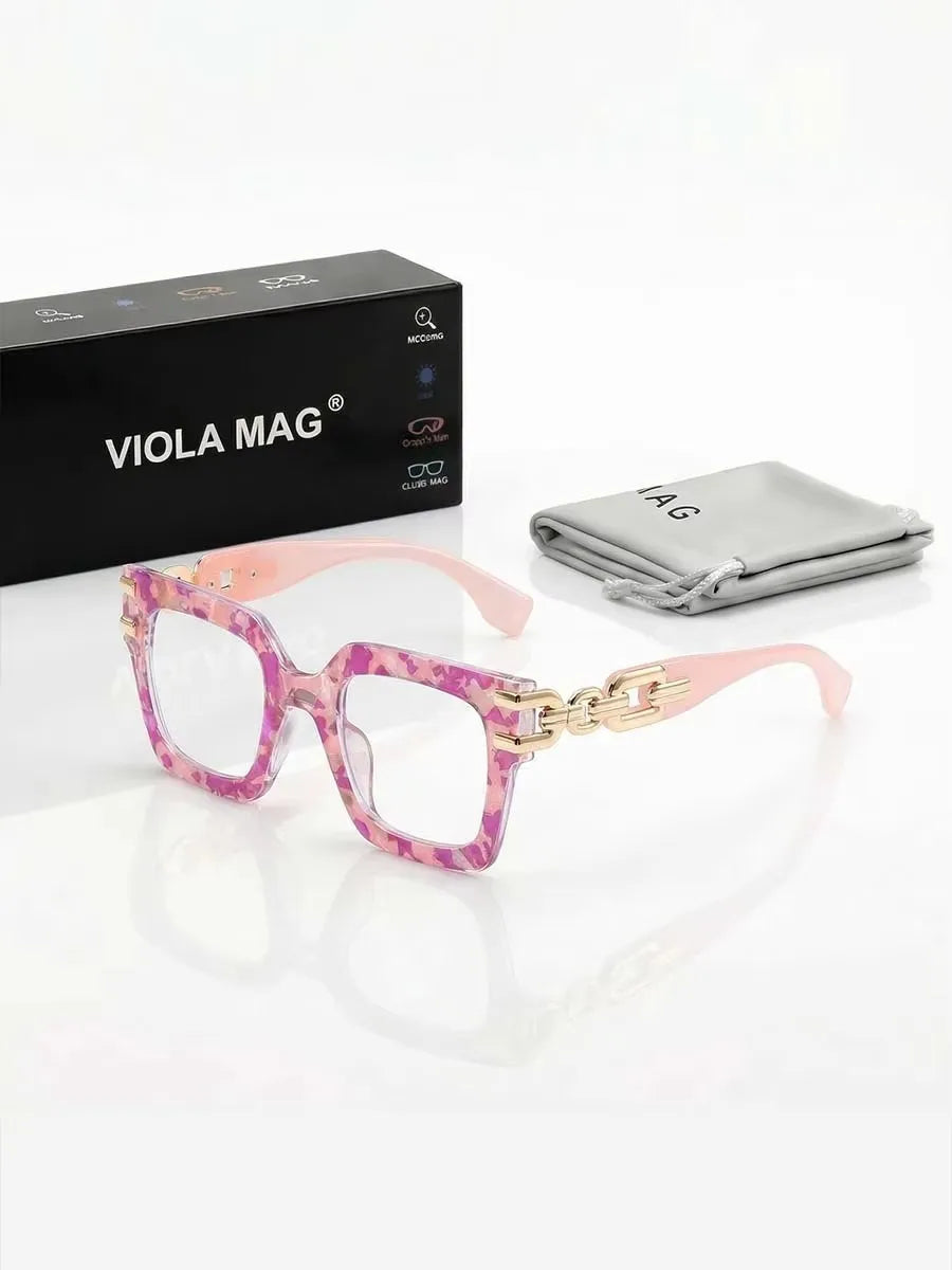 VIOLA MAG Large Frame Square Reading Glasses Chain Decoration, Anti Blue Light Commuting Street Photography Daily, With Box and