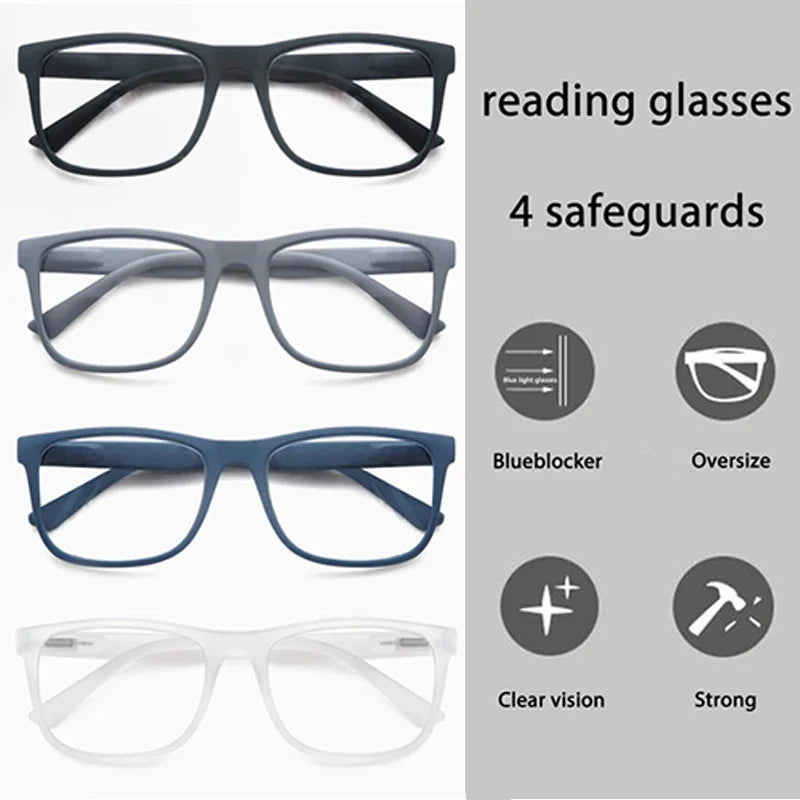 Extra-large reading glasses for men and women. Classic square frame. Blue light blocking glasses with prescription lenses.