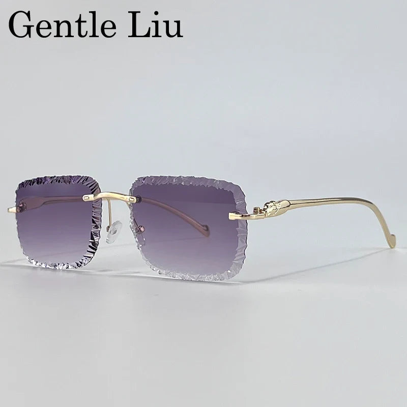 Fashion Square Rimless Punk Sunglasses Men 2025 Luxury Brand Cut Edge Frameless Sun Glasses For Male Leopard Head Eyewear Shades