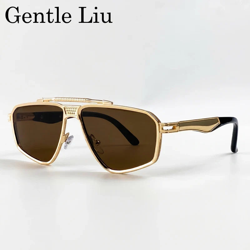 Steampunk Polygon Sunglasses Men 2026 Luxury Brand Designer Metal Frame Square Double Bridge Sun Glasses Vintage Driving Shades