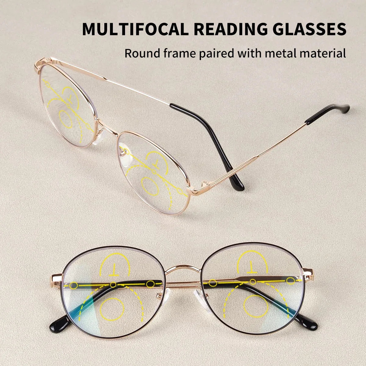 Progressive Multifocal Reading Glasses for Women Men Fashion Round Metal Frame Triple Zone Presbyopic Eyeglasses Computer Reader
