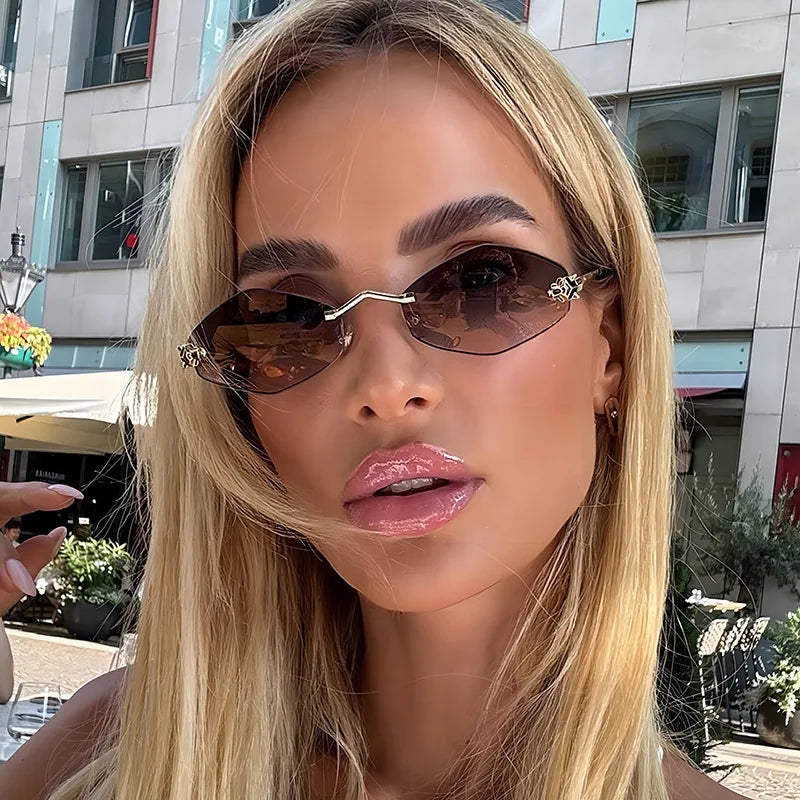 Trendy Rimless Polygonal Sunglasses Stylish Gradient Lens Metal Shades Eyewear Luxury Brand Small Rhombus Vintage Sun Glasses