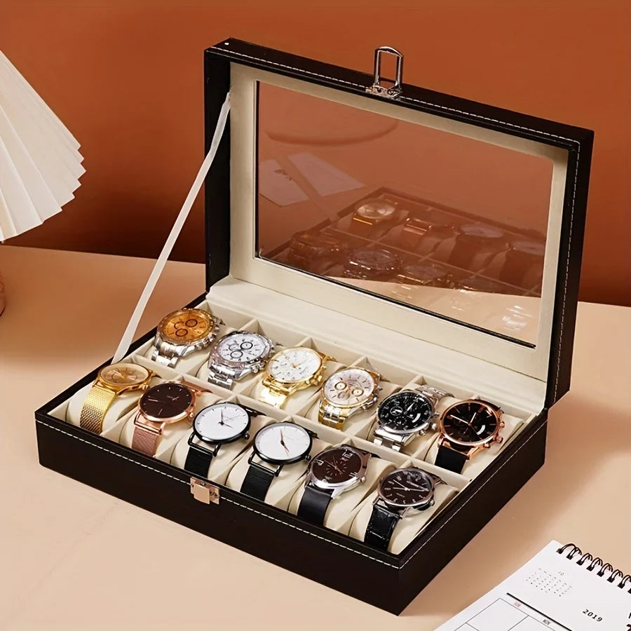 12 Slot Synthetic Leather Watch Display Case 1pc Watch Organizer with Lock Removable Pillows for Men Travel Gift