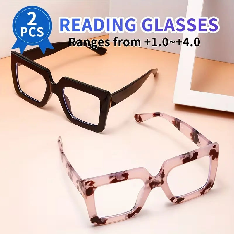 2 PCS Oversized Square Reading Glasses, Anti-Blue Light Eyeglasses, +1.00 to +4.00