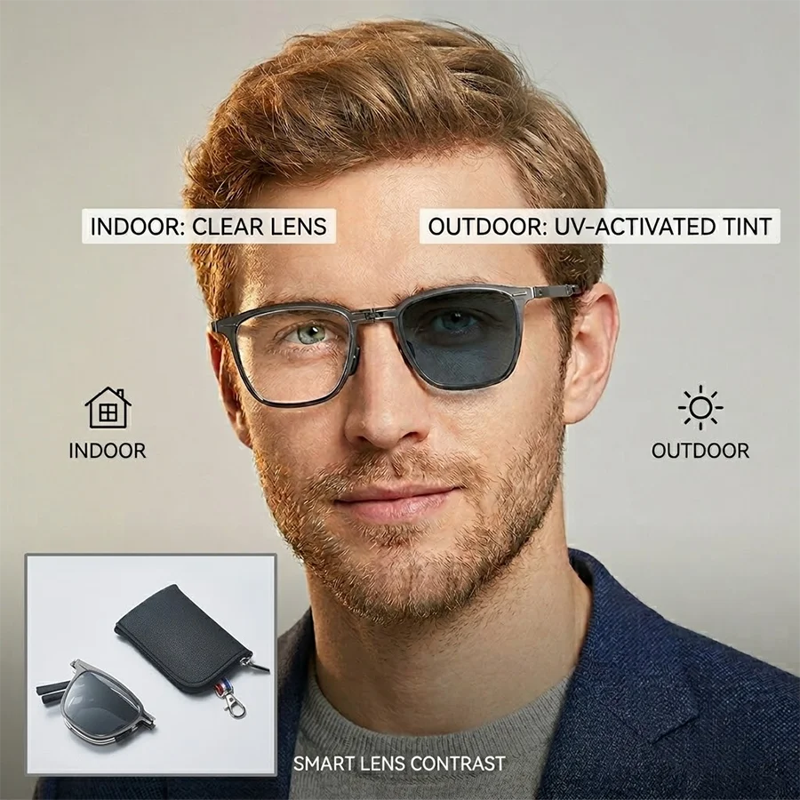 Men Photochromic Polarized Sunglasses Lightweight Foldable With Bag Classic Square Metal Frame hinged For Driving And Fishing