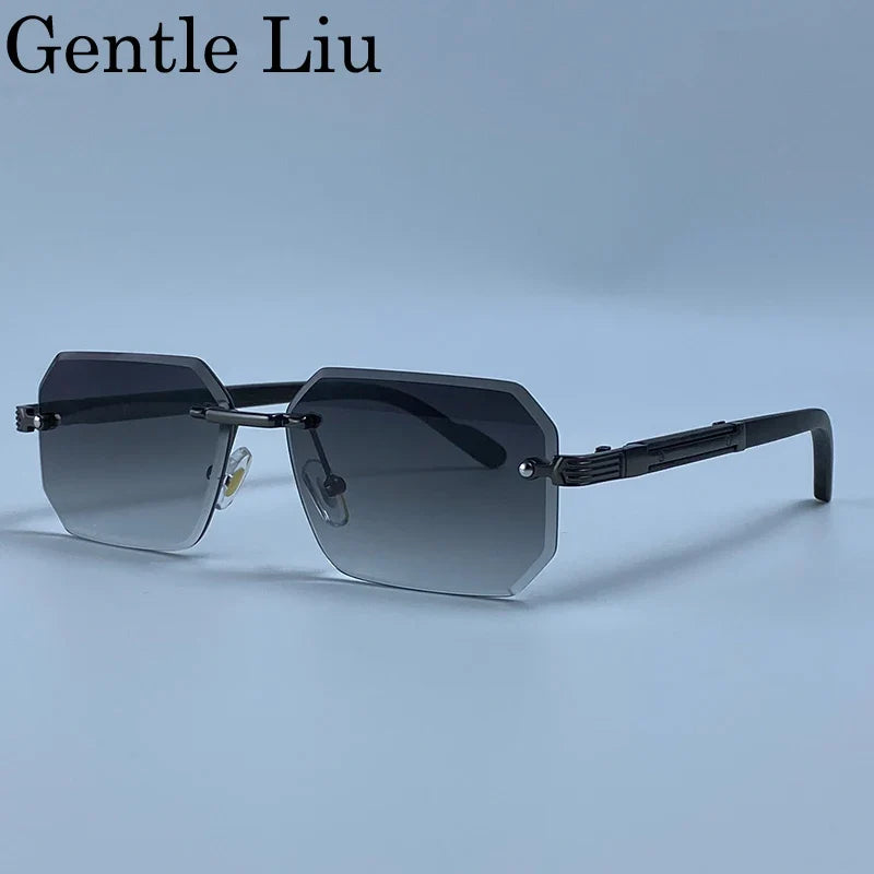 Rectangle Punk Rimless Sunglasses Men Vintage Polygon 2026 Luxury Brand Design Geometric Sun Glasses Male Hip Hop Eyewear Shades
