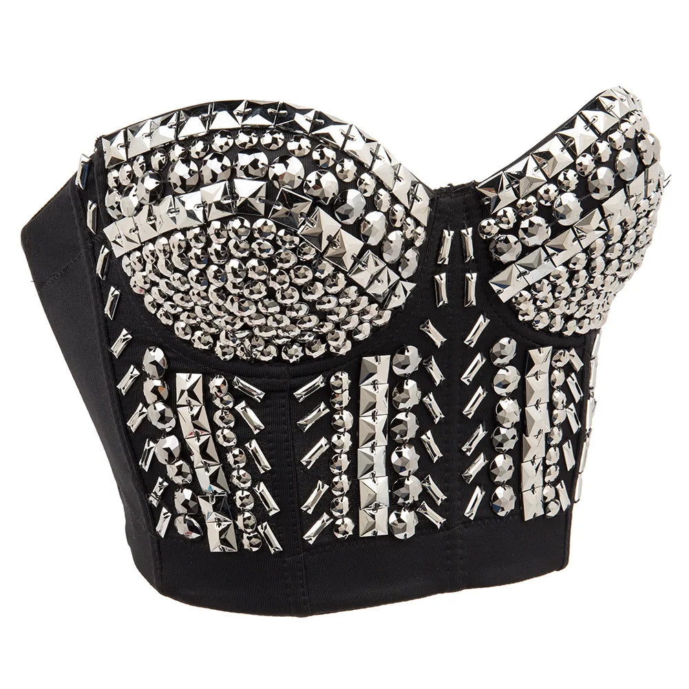 Grey Beading Gems Luxury Sexy Bra For Woman Hot Punk Rave Top Bralette y2k Bras Push Up Underwear Dance Club Brassiere Straps