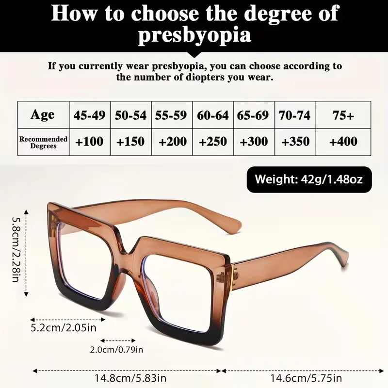 2 PCS Oversized Square Reading Glasses, Anti-Blue Light Eyeglasses, +1.00 to +4.00
