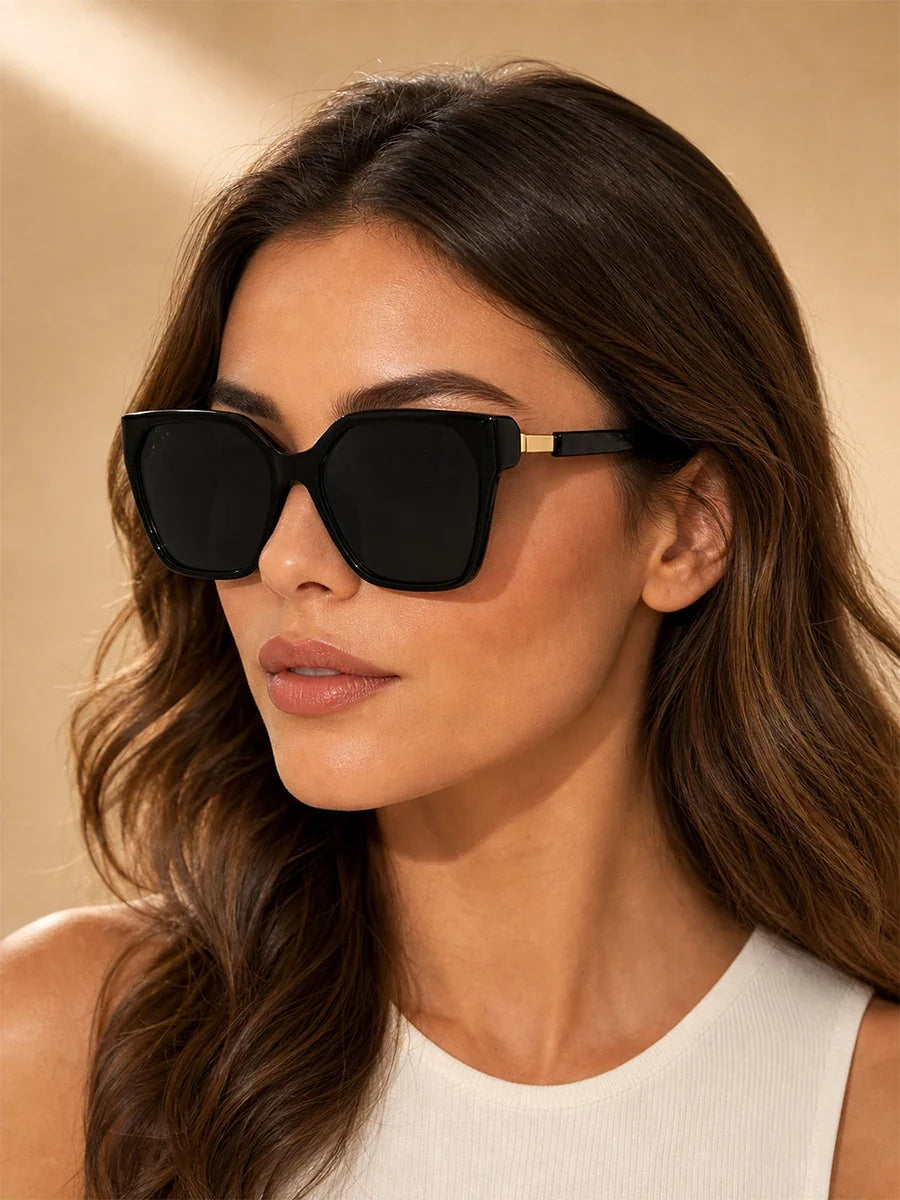 High End Square Cat Eye Sunglasses with Gold Border Stitching on the Legs, Light Luxury Women's Sunglasses