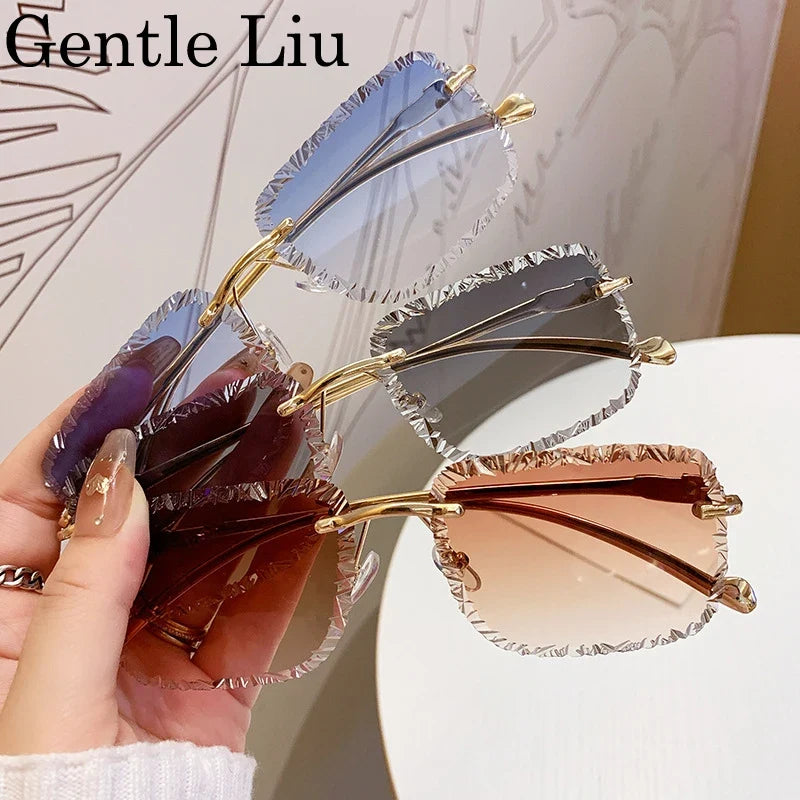 Fashion Square Rimless Punk Sunglasses Men 2025 Luxury Brand Cut Edge Frameless Sun Glasses For Male Leopard Head Eyewear Shades