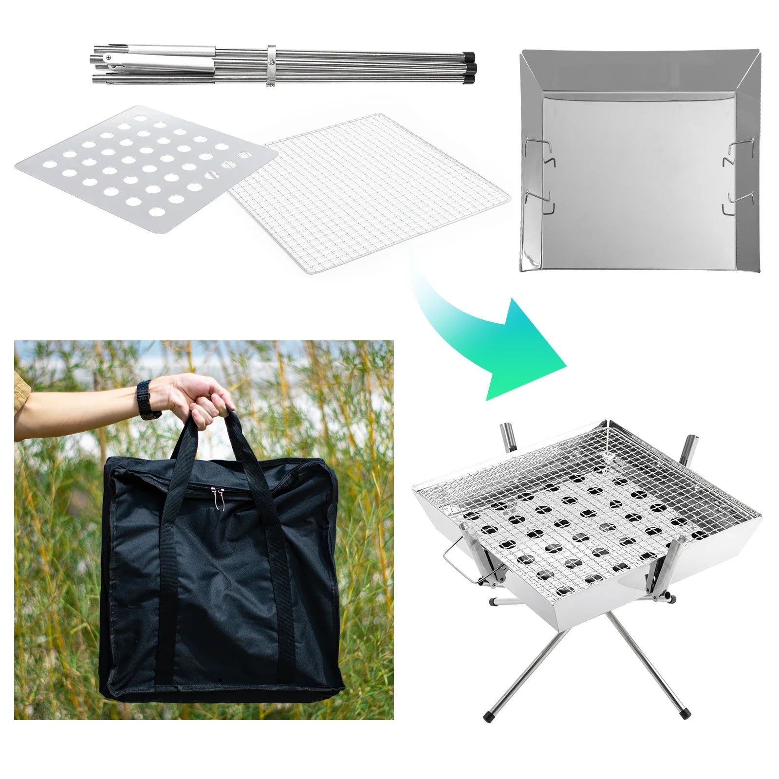 Goture 1pc Portable Stainless Steel Foldable BBQ Grill, 1-2 People Charcoal Stove for Camping Picnic & Outdoor