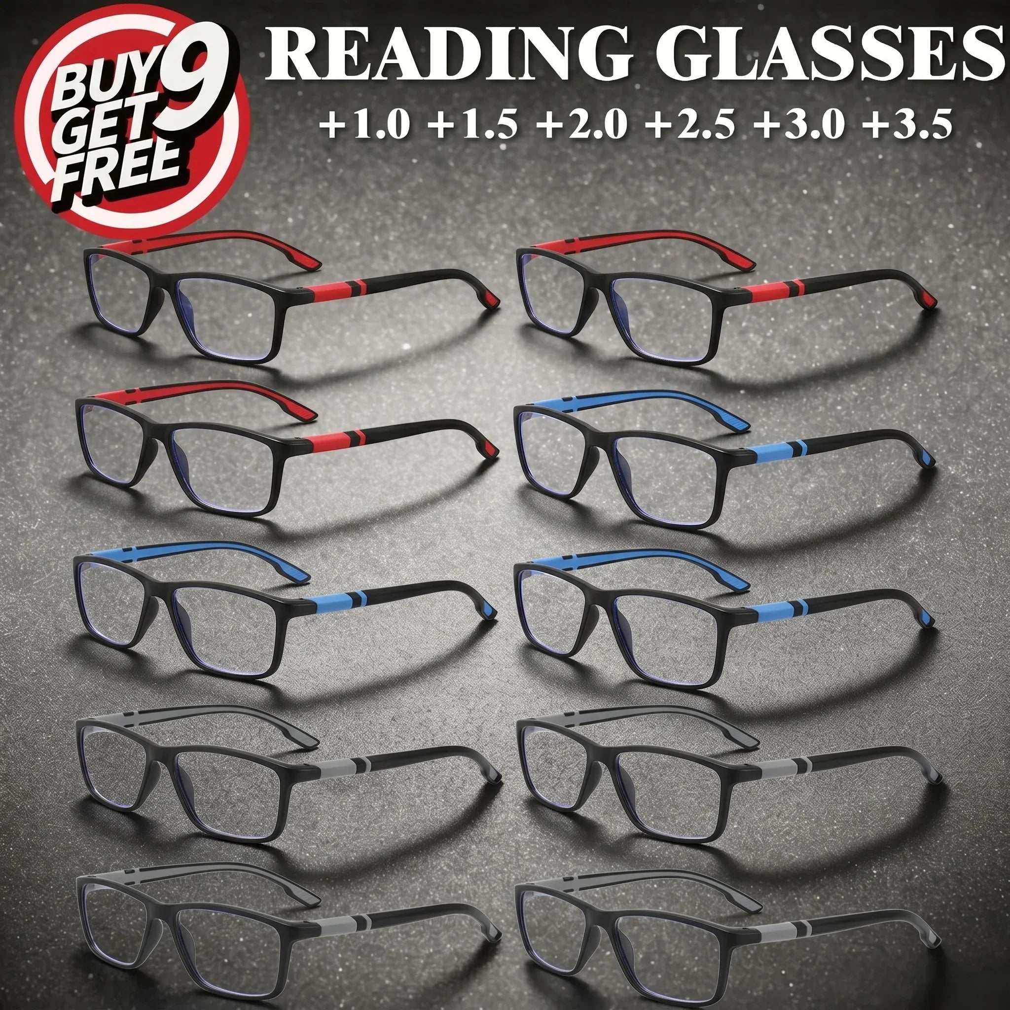 10 Pairs Of Sports Square Reading Glasses, Anti Blue Light And Anti Slip Mirror Legs, Office Daily Reading Glasses Set