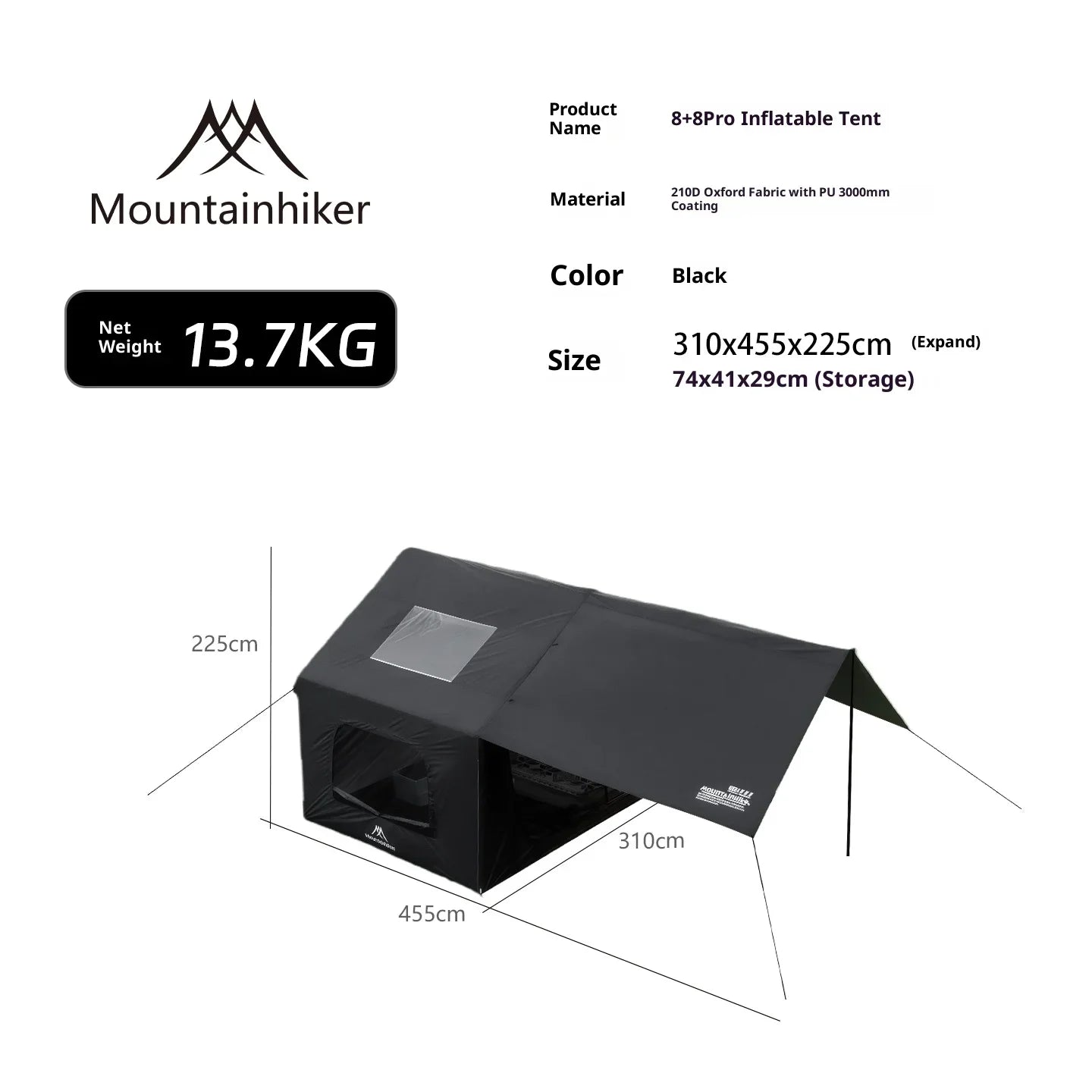 MOUNTAINHIKER 8+8m² Inflatable Tent Camping 4-6 Person Waterproof Family Awning Beach Tent Quick Open Fishing Picnic Park Tent