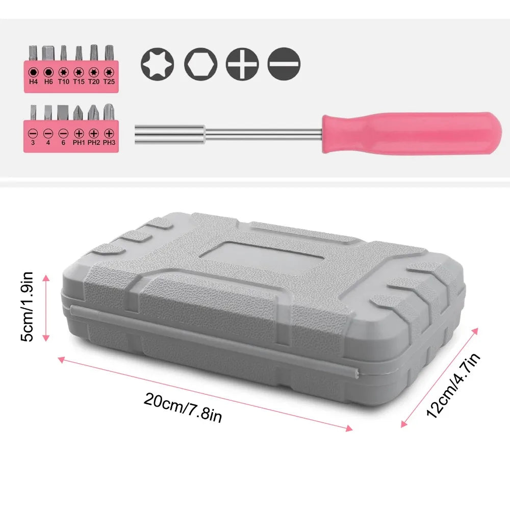 Pink Portable Hand Tools Combination Home Repair Tool Kit with Hammer Vise Wrench Screwdriver for DIY and Car Emergency