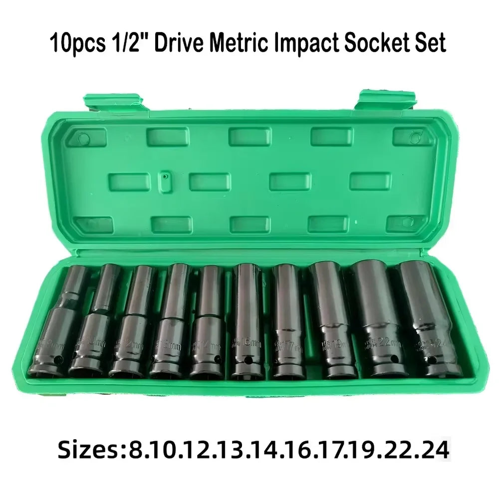 10pcs 1/2 Drive Metric Heavy Duty Impact Socket Set Universal Deep Wrench Sockets for Pneumatic Air Repair Manual Tools