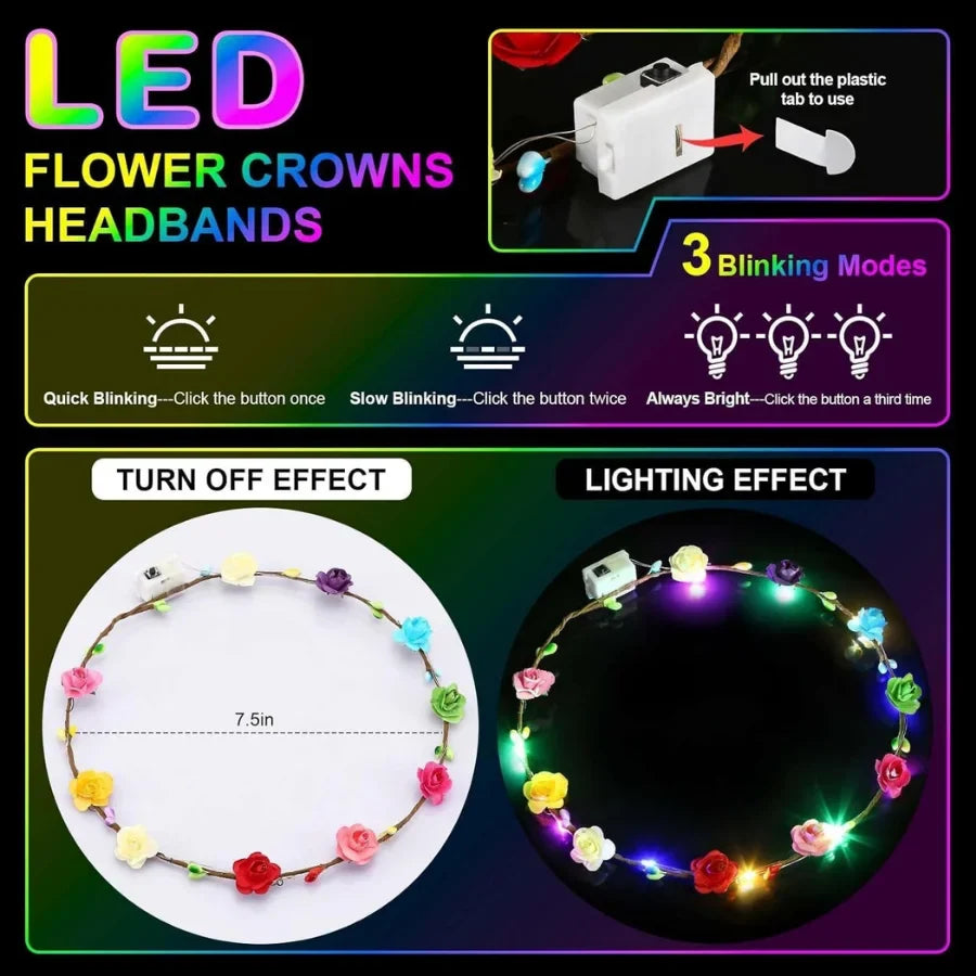 20-120Pcs Flower Crown Headbands Glow Sticks Bulk Party Pack for Wedding Beach Birthday Party Favors Rave Accessories