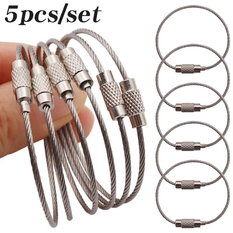5-20pc Wire Keychain Rope Carabiner Camp Equipment Stainless Steel Wire Cable Loop Screw Lock Ring Keyring Buckle캠핑용품 땡처리