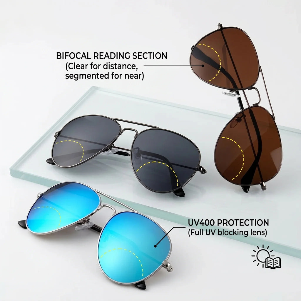ZOZOTOMI Bifocal Reading Glasses Sunglasses Men Women Pilot Metal Frame Dual Focus Presbyopic Spectacles Coating Lens UV400