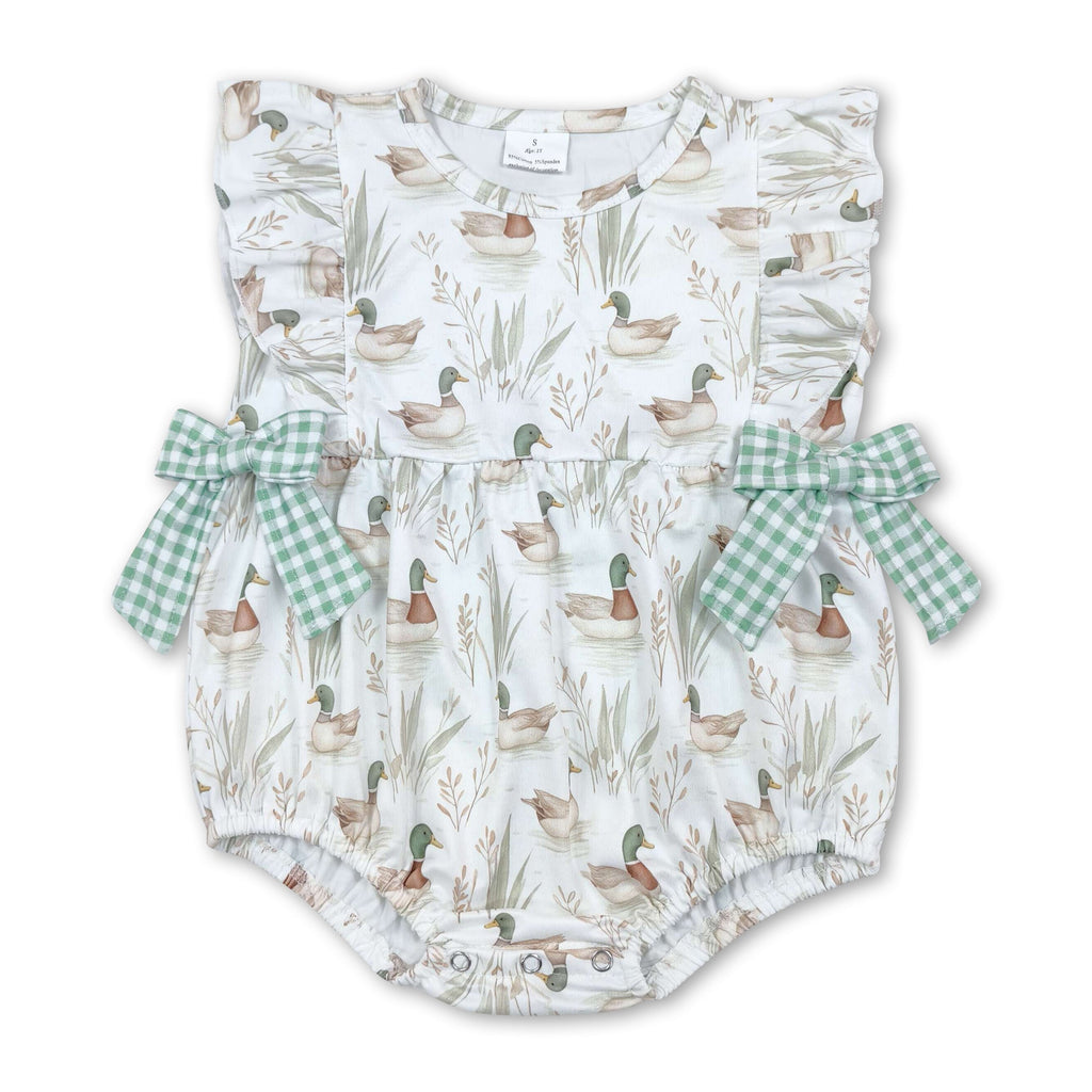 Green plaid bow duck baby girls summer romper