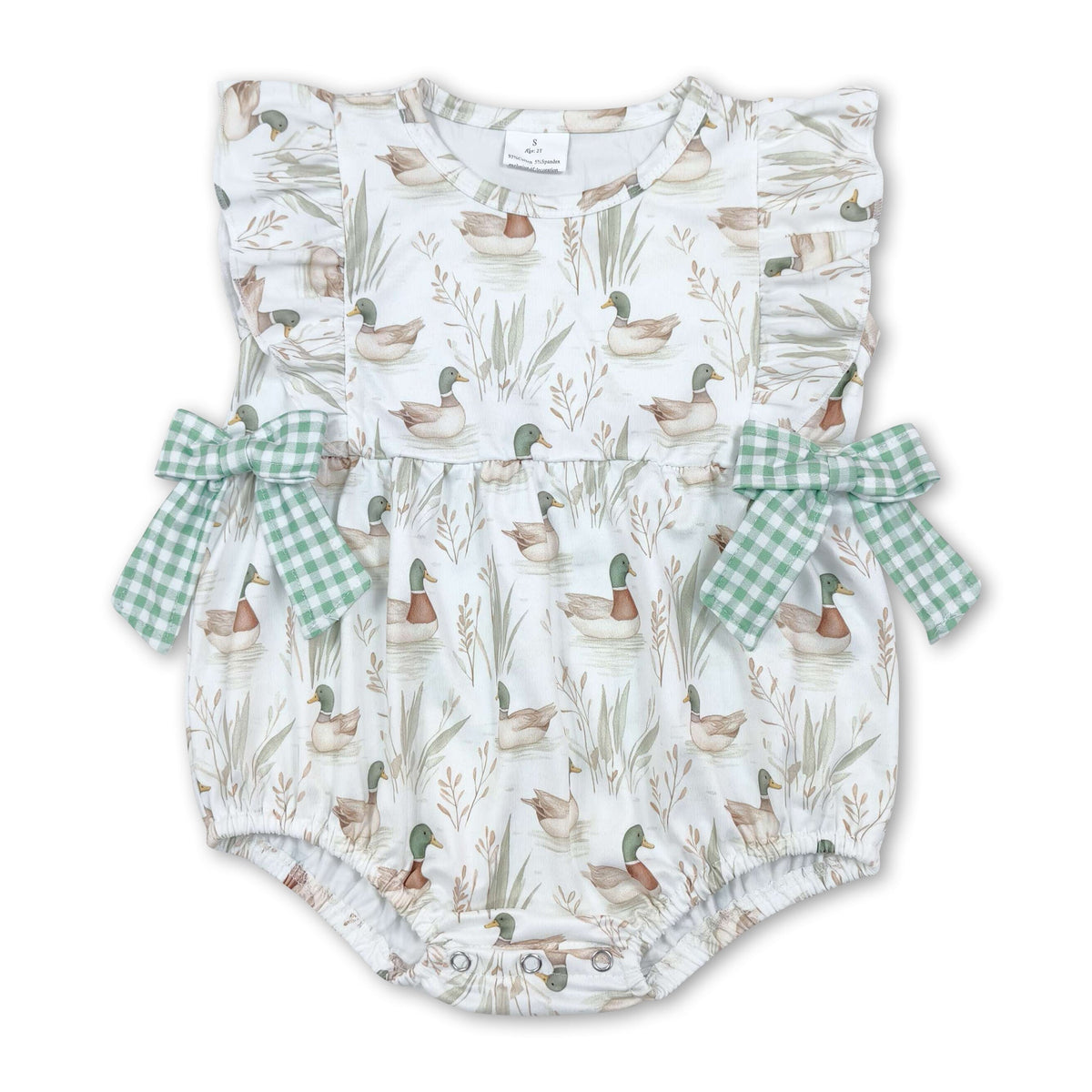 Green plaid bow duck baby girls summer romper