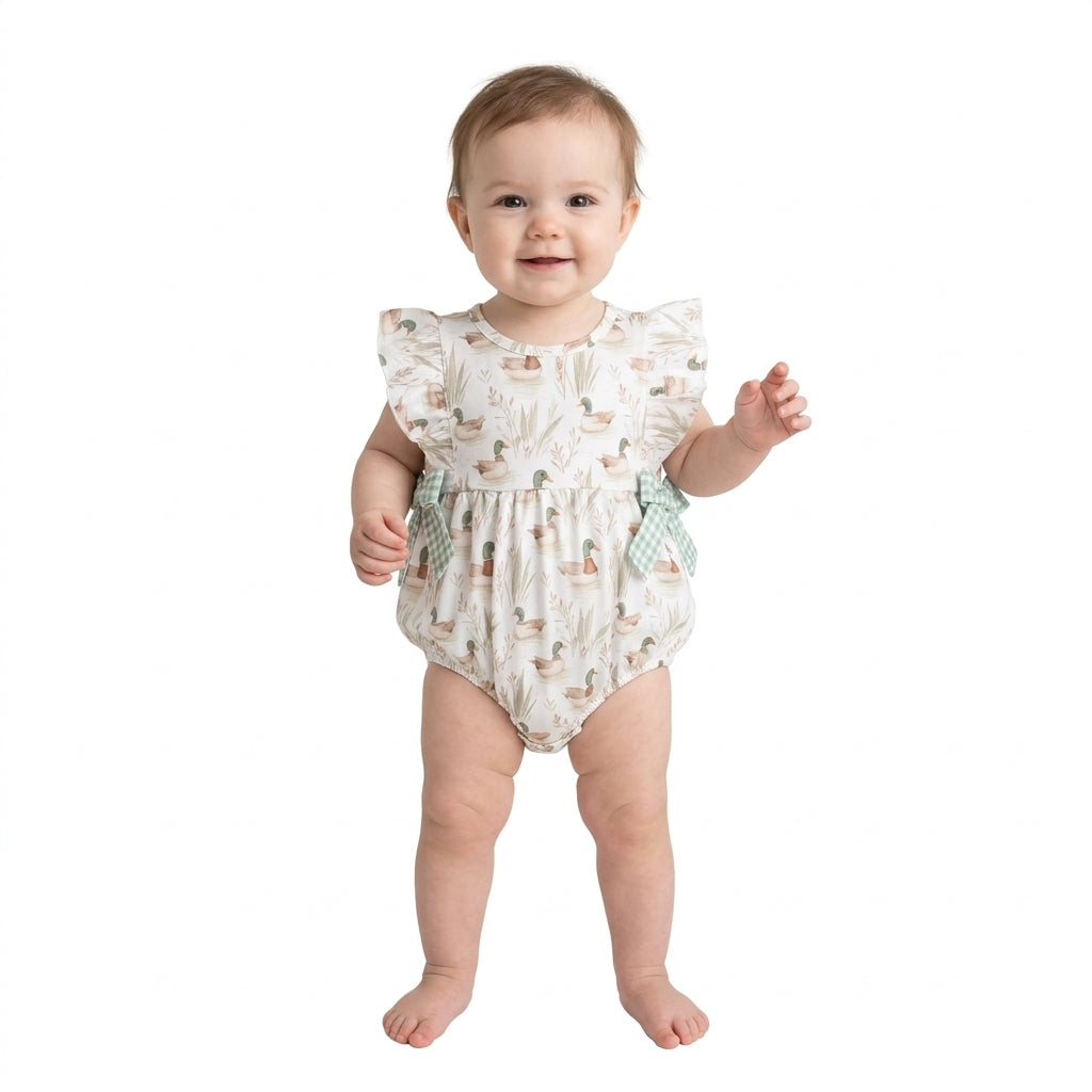 Green plaid bow duck baby girls summer romper
