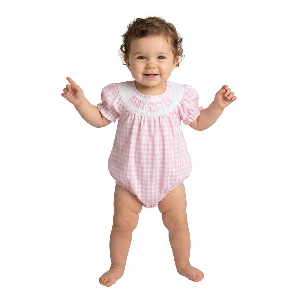 Short sleeves pink plaid baby sister smocked girls romper
