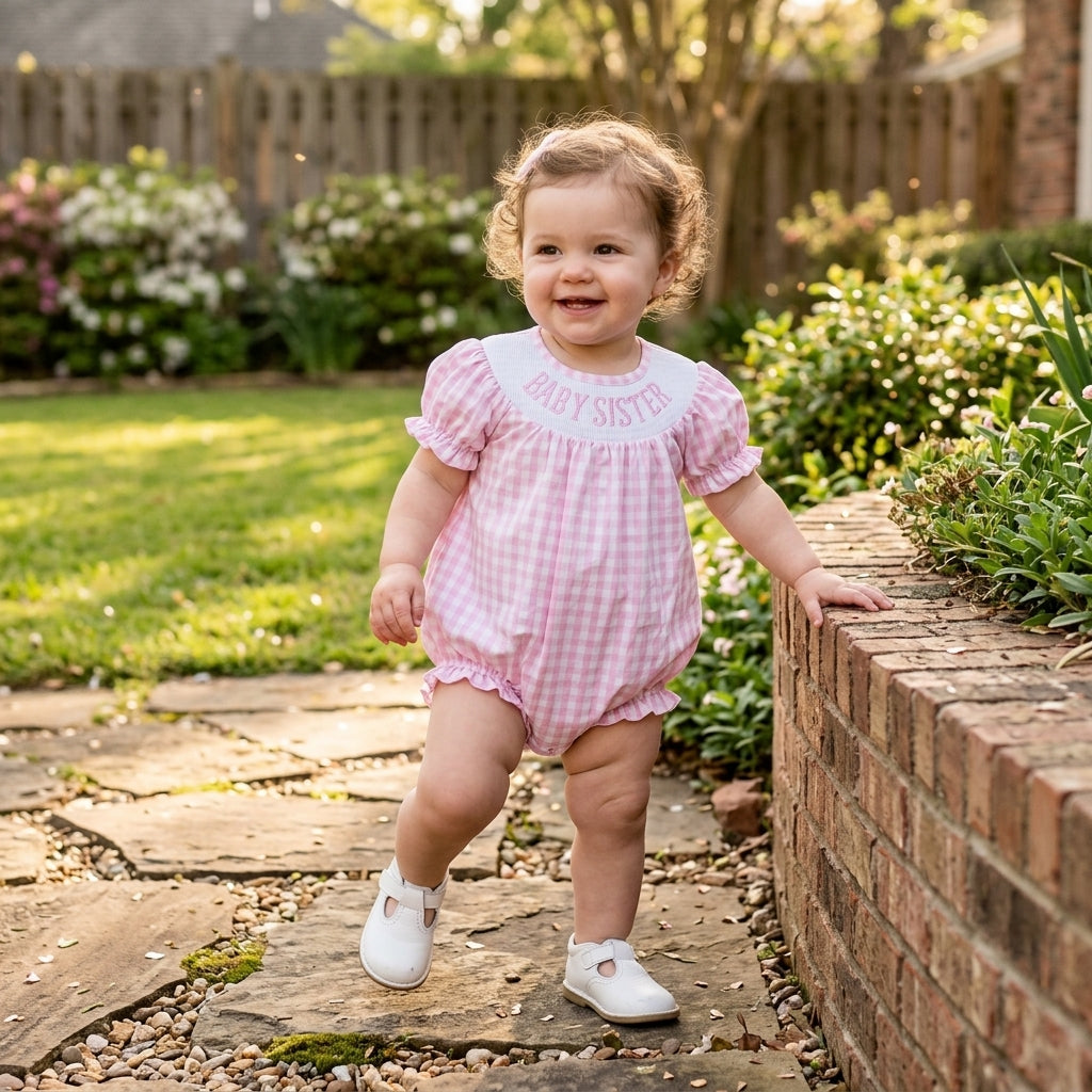 Short sleeves pink plaid baby sister smocked girls romper