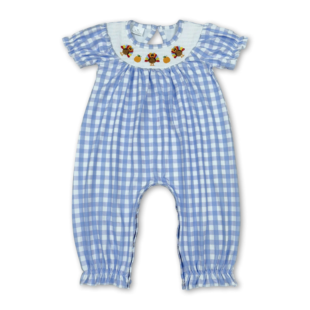 Turkey pumpkin smocked plaid girls Thanksgiving romper