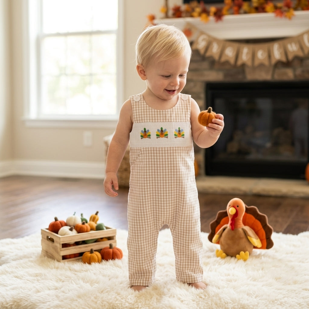 Sleeveless plaid turkey smocked boy Thanksgiving romper