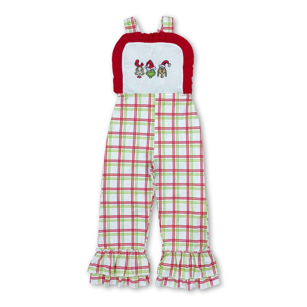 Straps ruffle green face plaid girls Christmas overalls