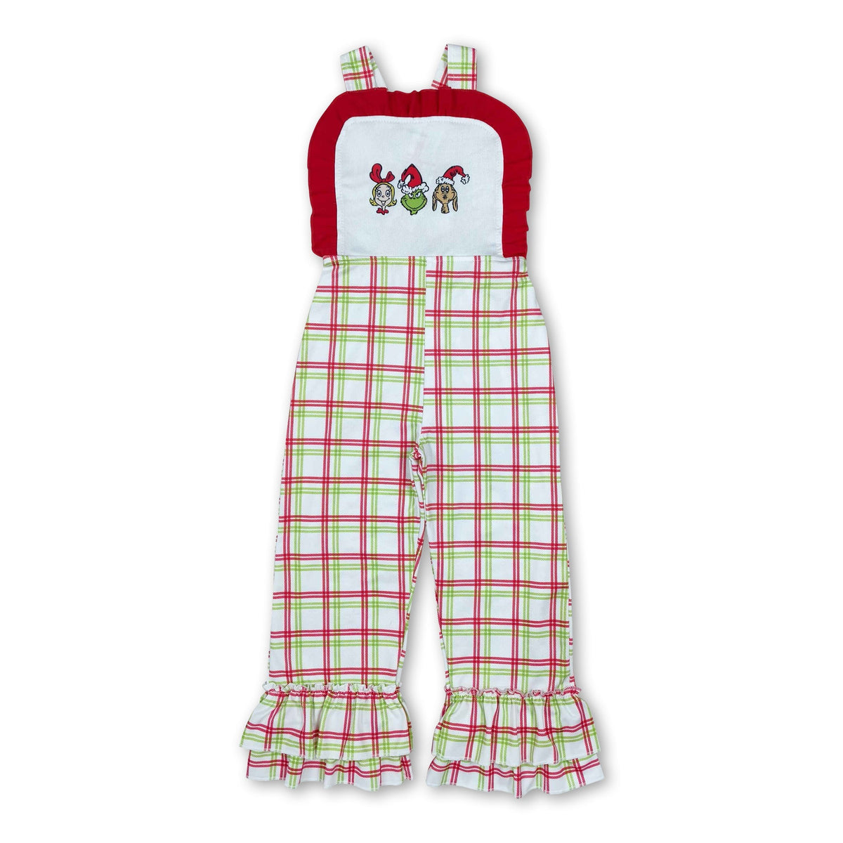 Straps ruffle green face plaid girls Christmas overalls