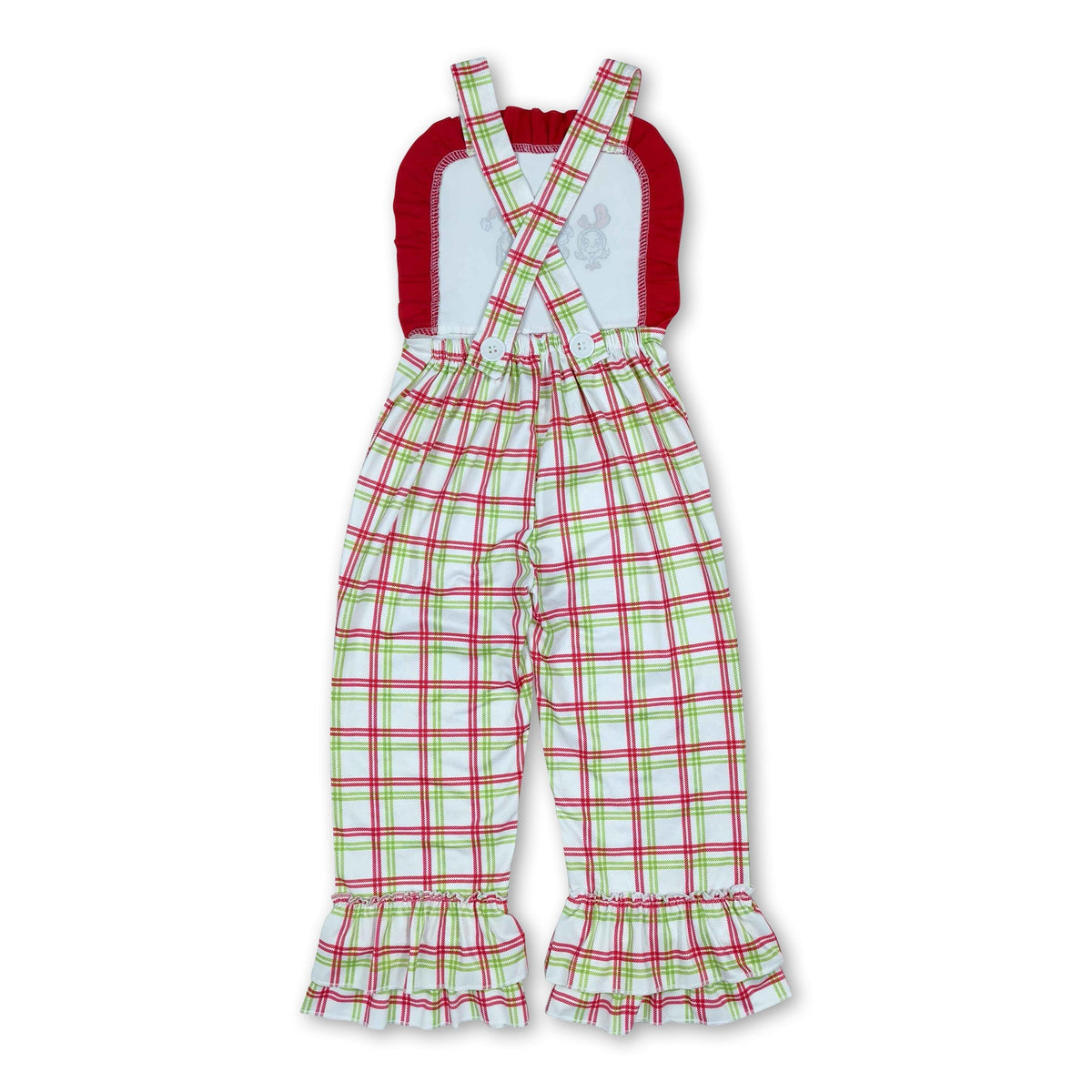 Straps ruffle green face plaid girls Christmas overalls