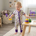 Short sleeves purple leopard girls Mardi Gras zipper romper