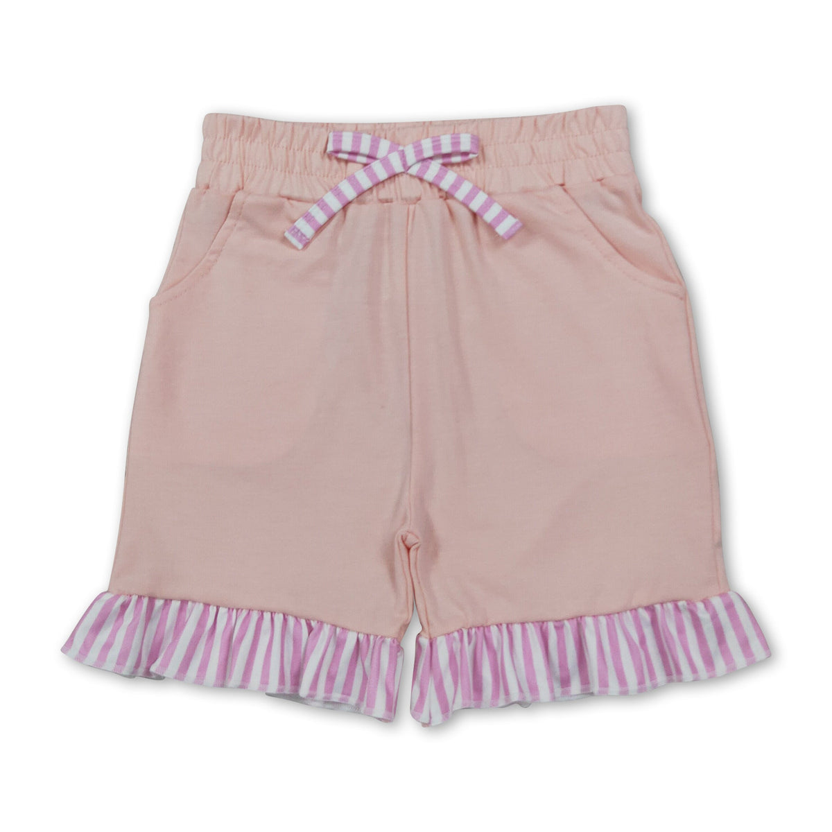 Pink stripe ruffle cotton pockets kids girls shorts