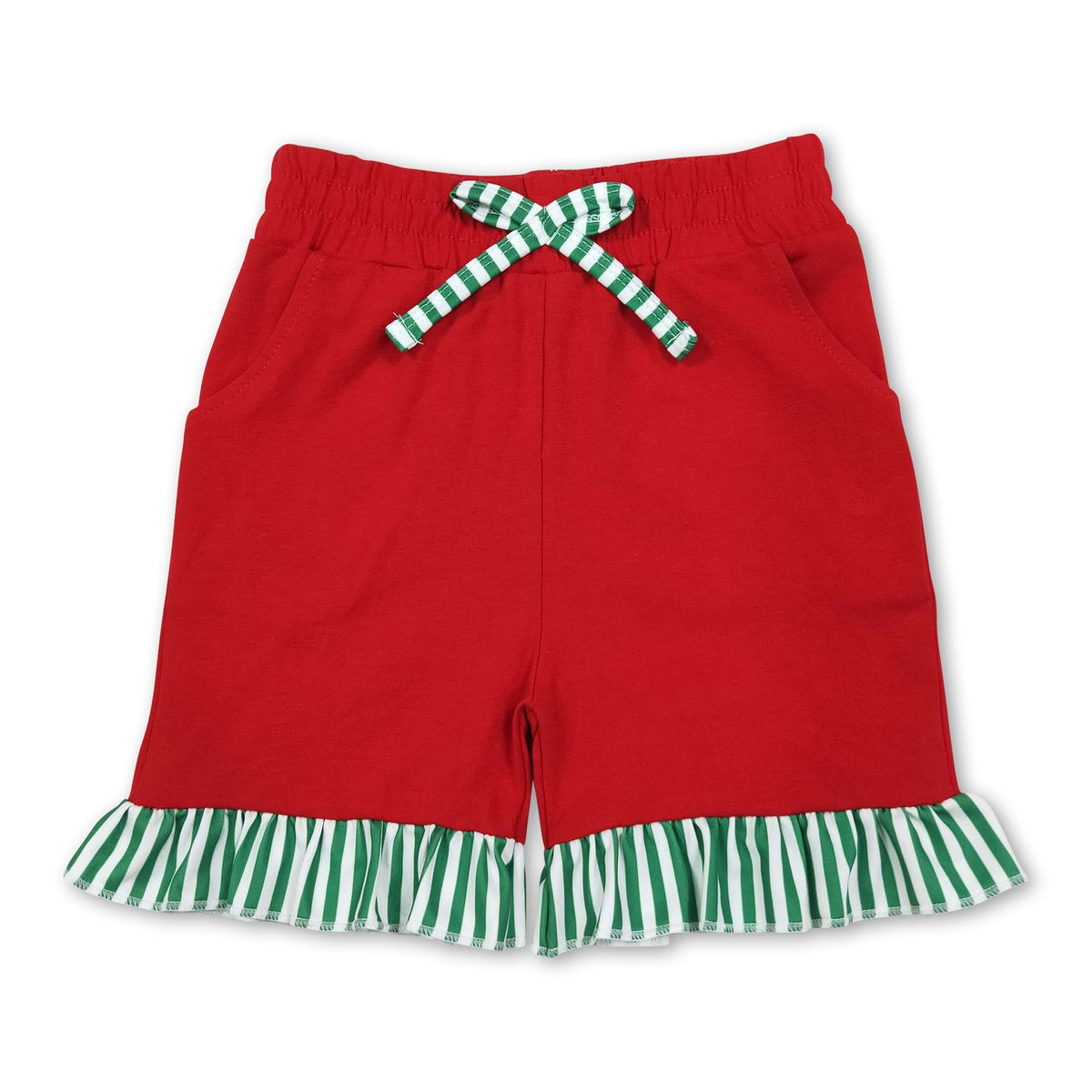 Red green stripe ruffle cotton pockets kids girls shorts