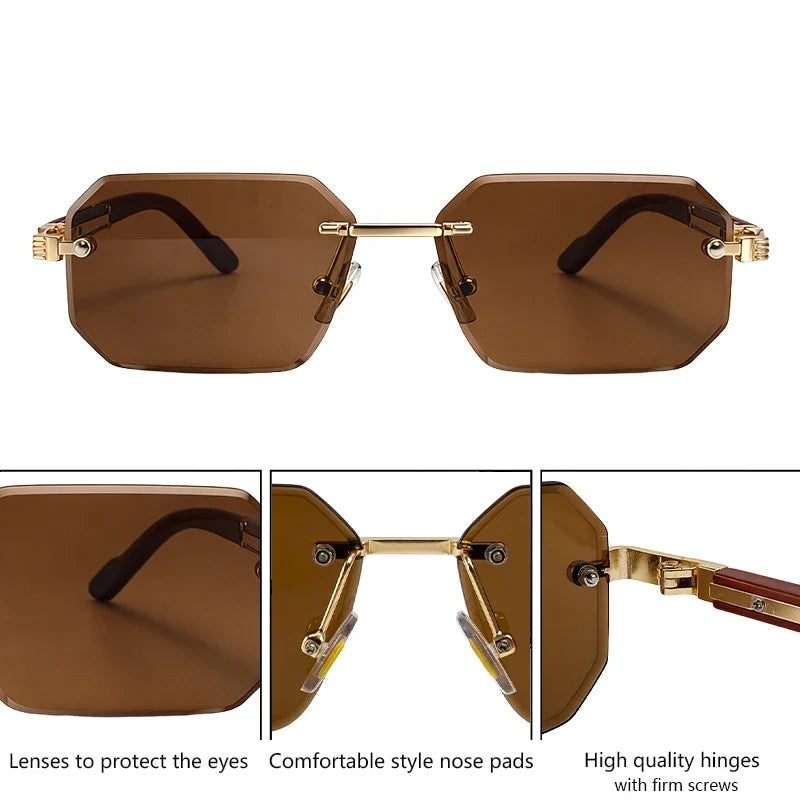 Rectangle Punk Rimless Sunglasses Men Vintage Polygon 2026 Luxury Brand Design Geometric Sun Glasses Male Hip Hop Eyewear Shades