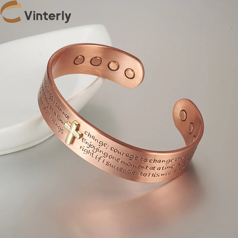 Pure Copper Bracelets for Men Cross Bible Adjustable Cuff Magnetic Bangles 15mm Arthritis Health High Magnet Jewelry Resizable