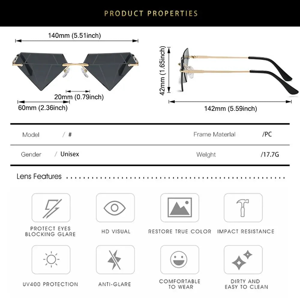 Triangle Diamond Shaped Sunglasses for Women Men Vintage Clear Ocean Gradient Glasses Rimless Polygon Sun Glasses