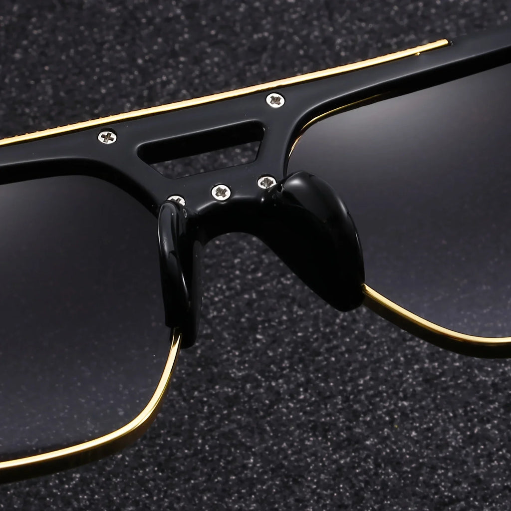 Black Gold Double Beam Square Sunglasses, Light Luxury Men's Business Driving Glasses